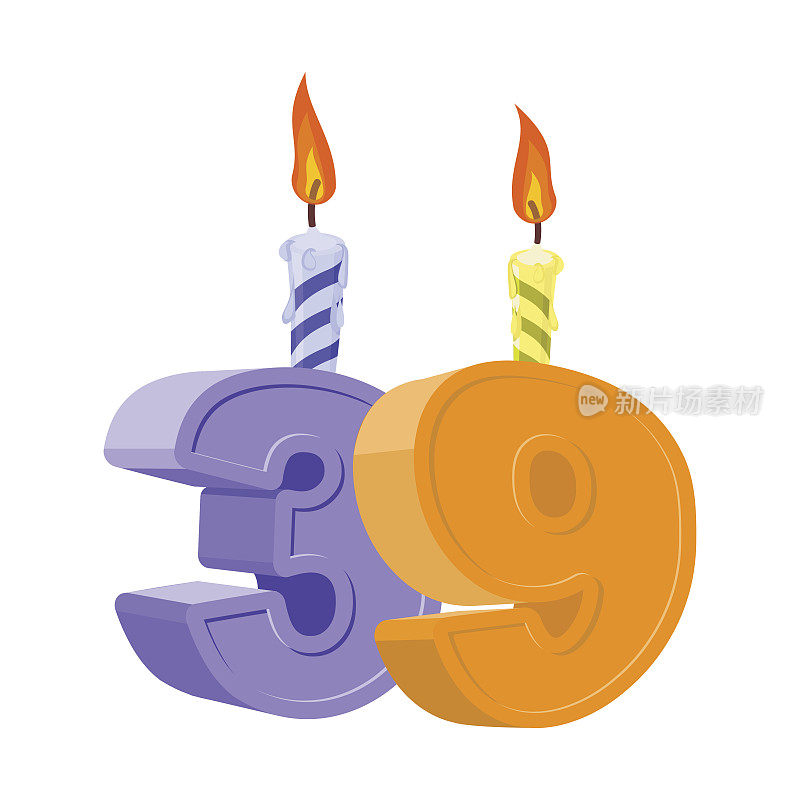 39年的生日。数字与节日蜡烛为节日蛋糕。30 9周年纪念日